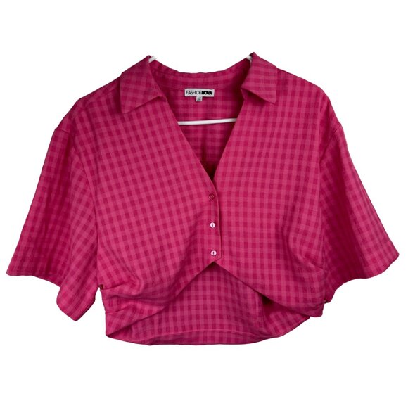 Fashion Nova Pink Gingham Crop Blouse L Button Front - Picture 1 of 5